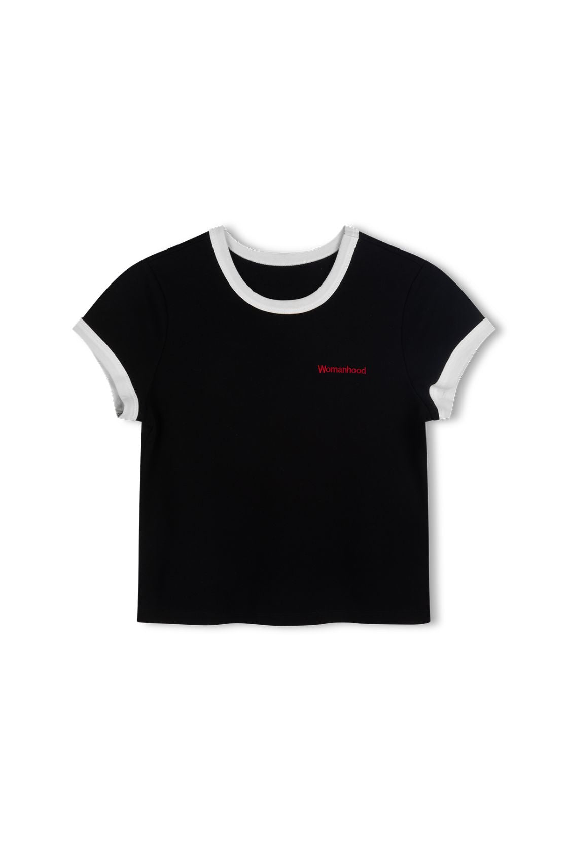 Black and off white Womanhood baby tee, front view