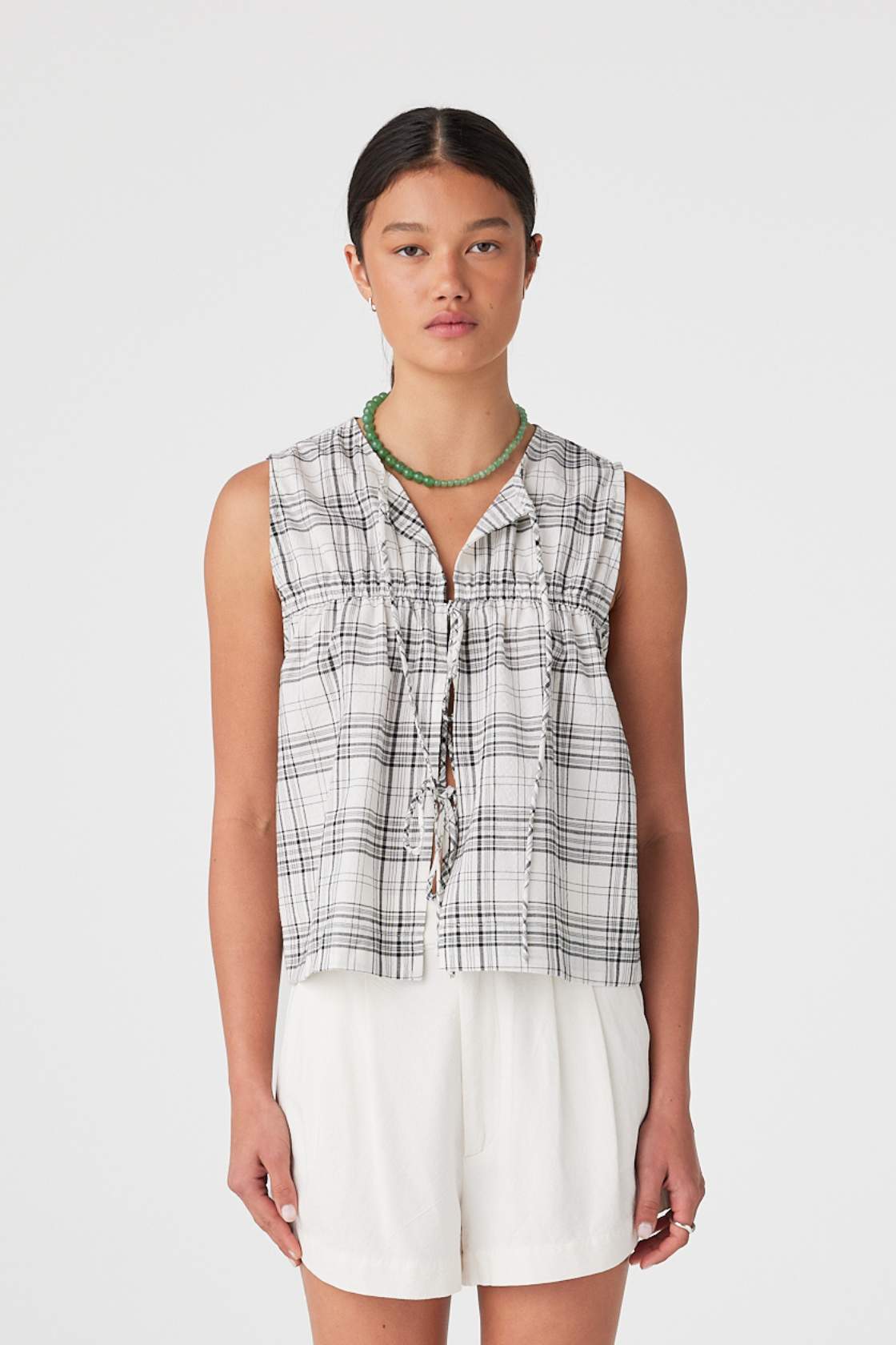 Camille Tie Top - Black & Cream Check