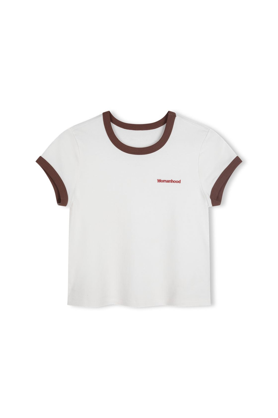 Off white and chocolate Womanhood baby tee, front view
