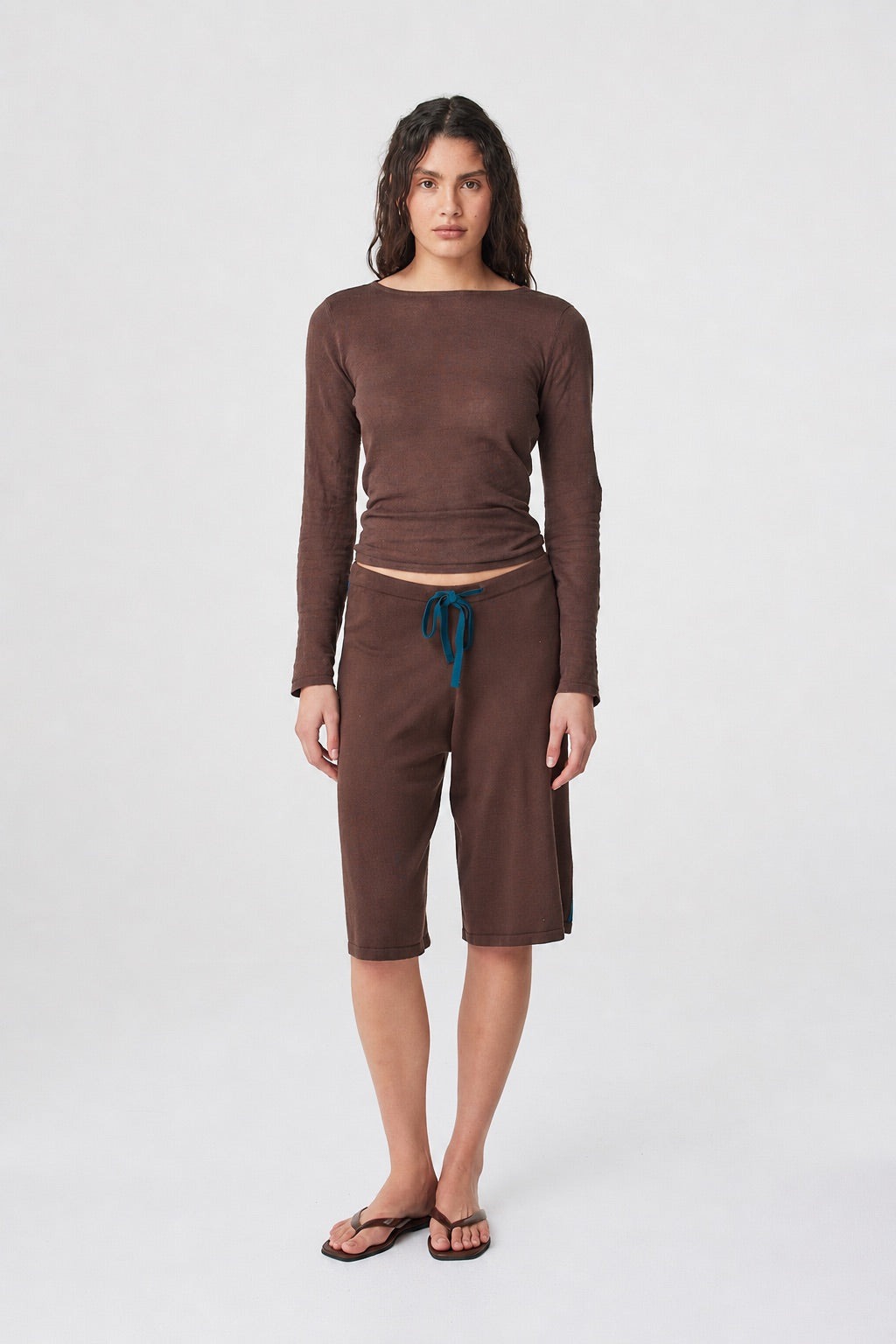 Tully Shorts in Espresso & Teal styled with a coordinating espresso long sleeve top, front view showing the relaxed leg and longer length.