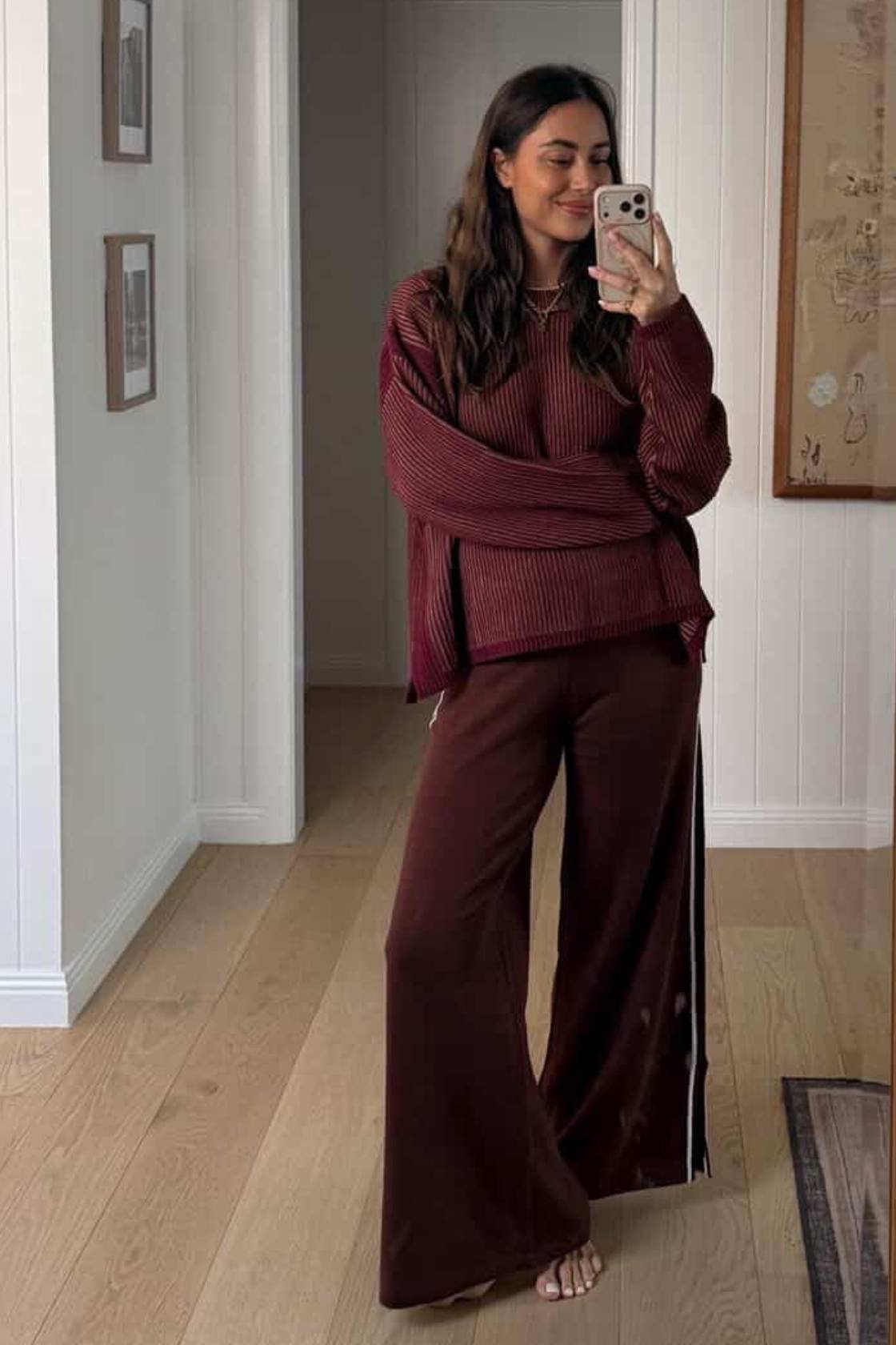 Merlot knit set with relaxed sweater and wide leg knit pants