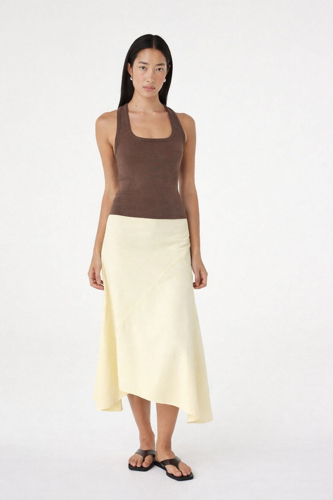 Alessia Skirt Butter, full-length front view with Sable Top Espresso