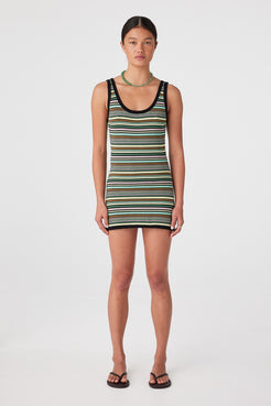 Full length front view of sleeveless Breeze Stripe mini dress with scoop neckline