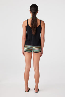 Back view of black linen cotton tank with twist strap detail