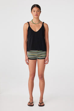 Full length front view of outfit with black tank and Breeze Stripe mini shorts