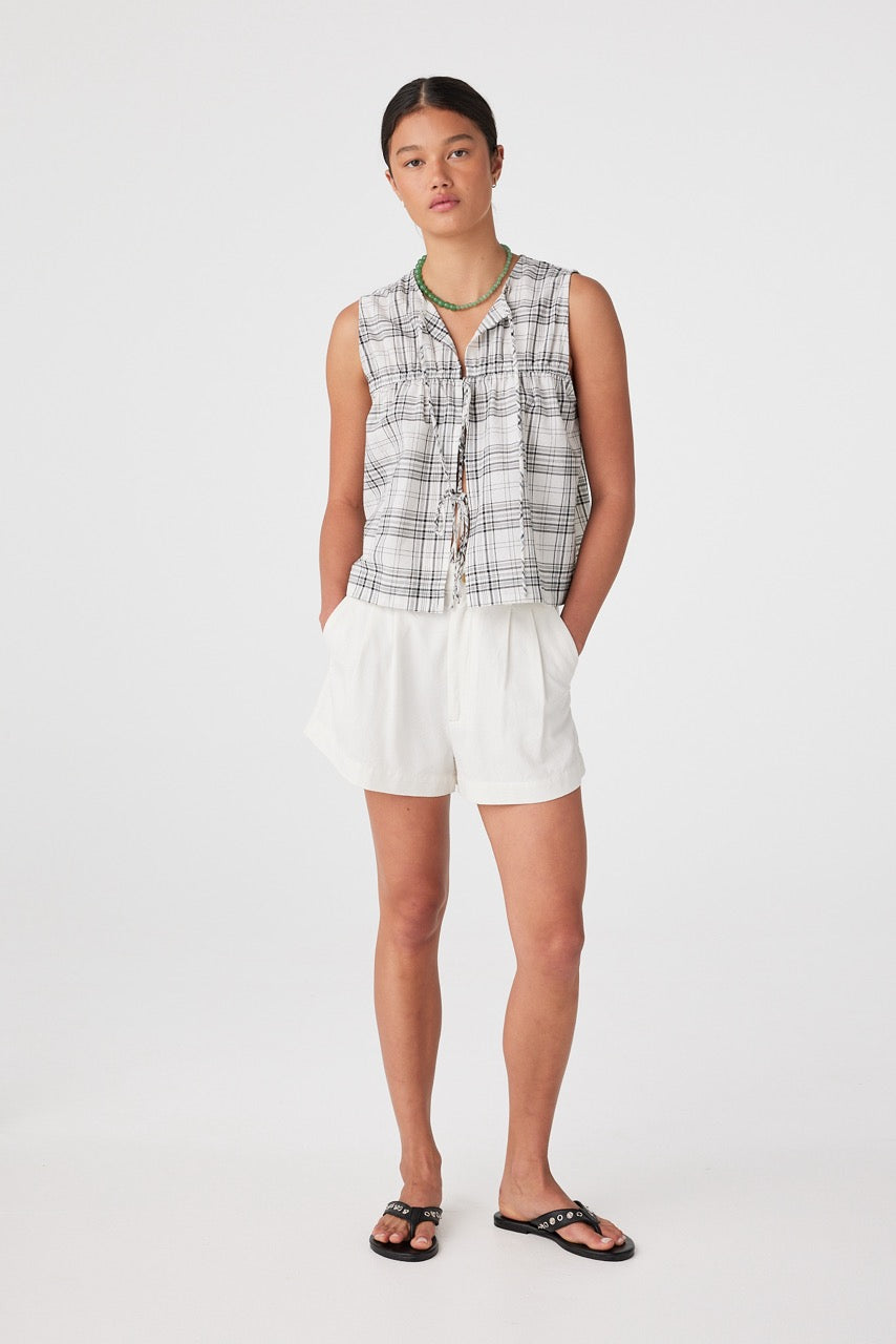 Camille Tie Top - Black & Cream Check
