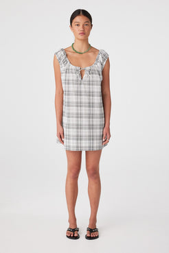 Full length front view of Delilah Dress in black and cream check