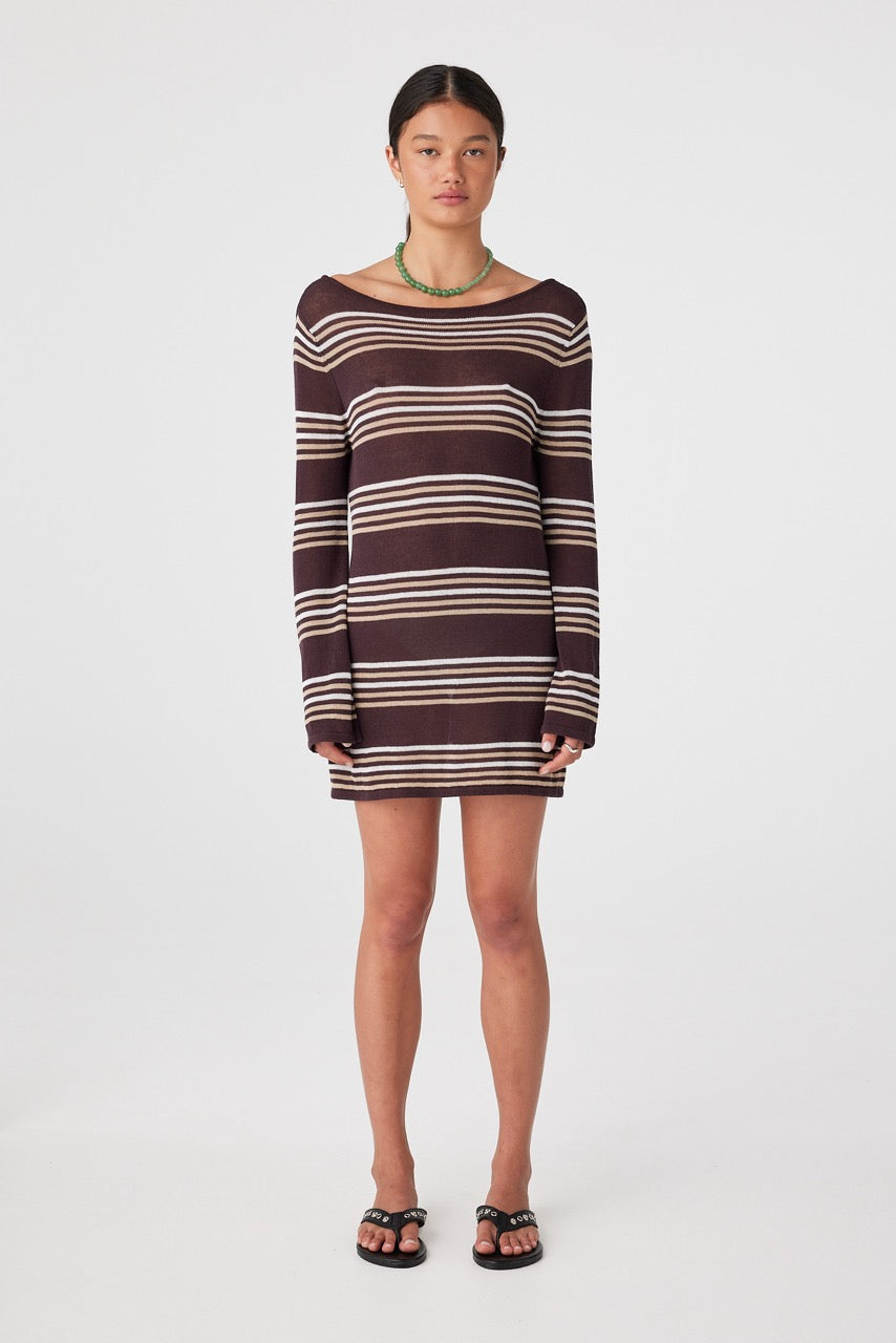 Full length front view of espresso stripe long-sleeve knit mini dress