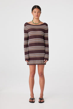 Full length front view of espresso stripe long-sleeve knit mini dress