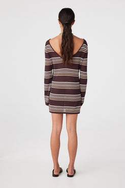 Back view of sheer espresso stripe long-sleeve knit mini dress worn over swim