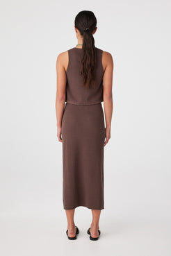 Back view of espresso rib knit longline skirt with concealed elastic waistband