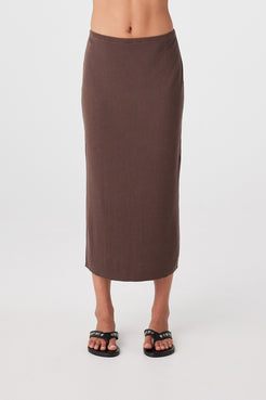 Close front view of espresso rib knit longline skirt