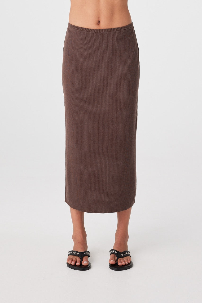 Close front view of espresso rib knit longline skirt
