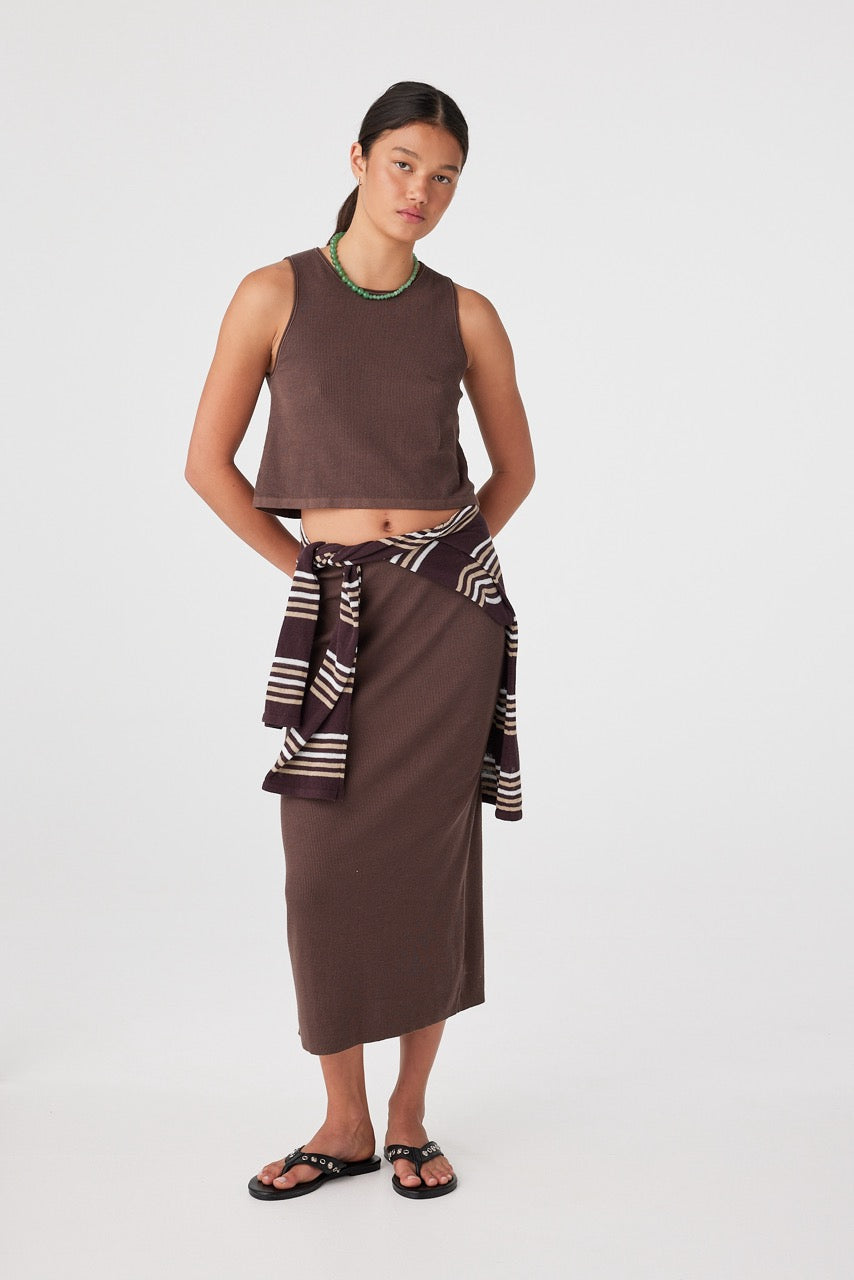 Theo Tank in espresso styled with matching rib skirt and checked shirt for warm-weather wear