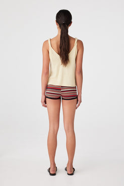 Back view of Aimee short in Flame Stripe with ribbed hem and gentle drape over thigh