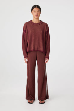 Front view of two-tone rib knit sweater showing oversized shape and cropped hem line in Merlot & Pecan