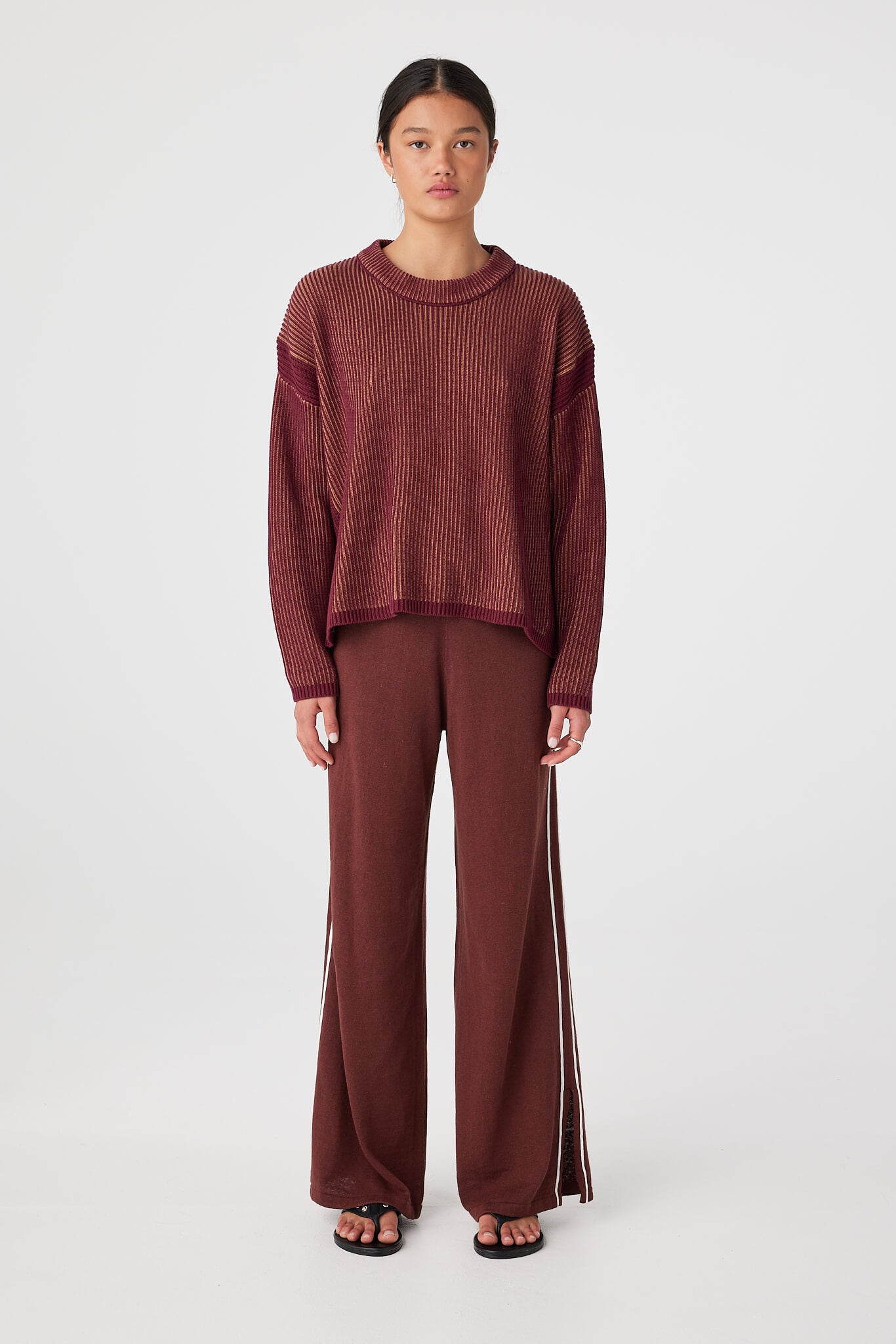 Front view of two-tone rib knit sweater showing oversized shape and cropped hem line in Merlot & Pecan