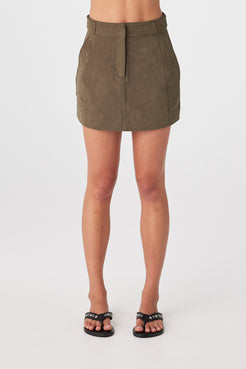 Front view of khaki velvet-finish cotton mini skirt showing clean waistband and mini length