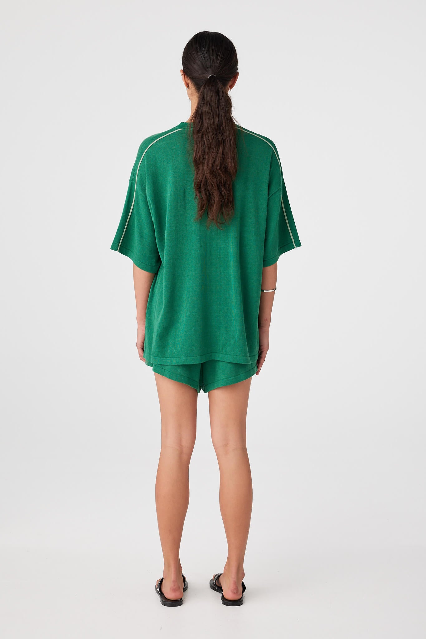 Organic cotton linen shorts in sea green with clean relaxed cut and elastic drawcord waist.