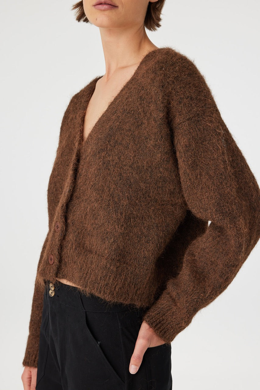 Close-up of brown cardigan showing fluffy texture and deep V-neckline