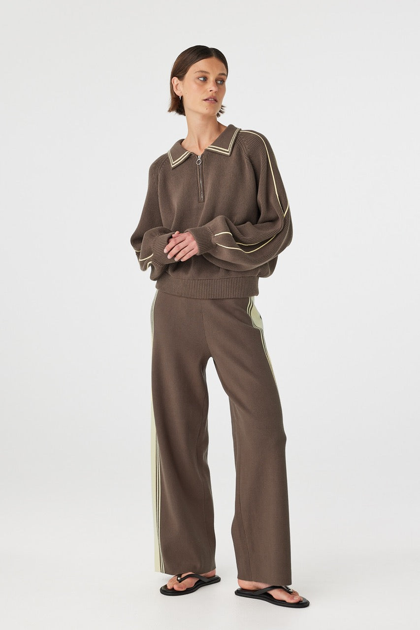 Outfit view of Emery Pant pavement and butter, organic cotton stretch pants with drawcord waistband and side stripe.