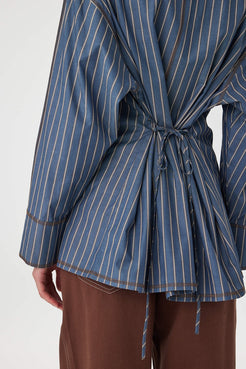 Waist tie detail of Blair Shirt muted blue stripe, adjustable tie at back for shaping.