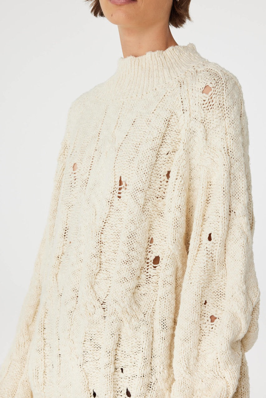 Close-up of cream cable knit showing texture and small hole detail