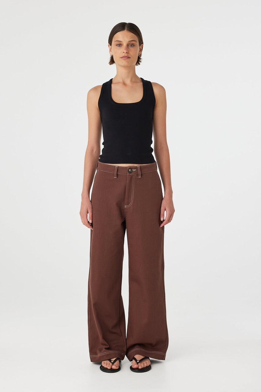Full body outfit view of Tilda Pant espresso styled with black tank, high-waisted straight-leg cotton pants.
