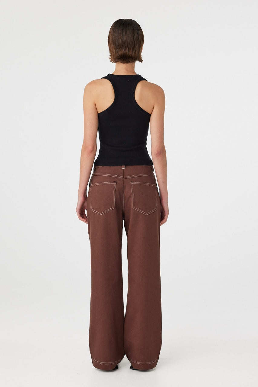 Back outfit view of Tilda Pant espresso, straight-leg cotton pants with contrast stitching and high waist.