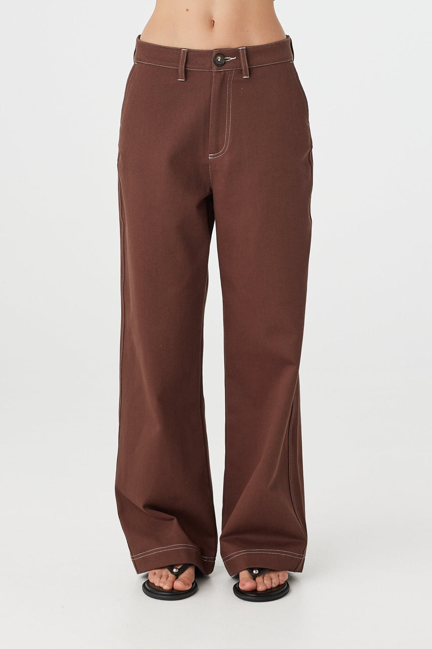 Front view of Tilda Pant espresso, high waist straight-leg cotton pants with zip fly and contrast stitch.