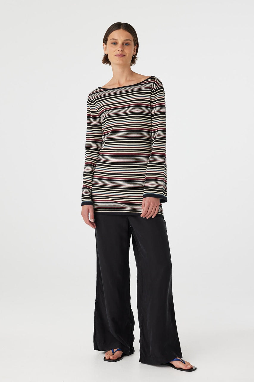 Alya long sleeve mini dress in merlot stripe styled with black wide leg pants