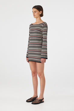 Side view of Alya long sleeve mini dress in merlot stripe showing slim fit and mini length