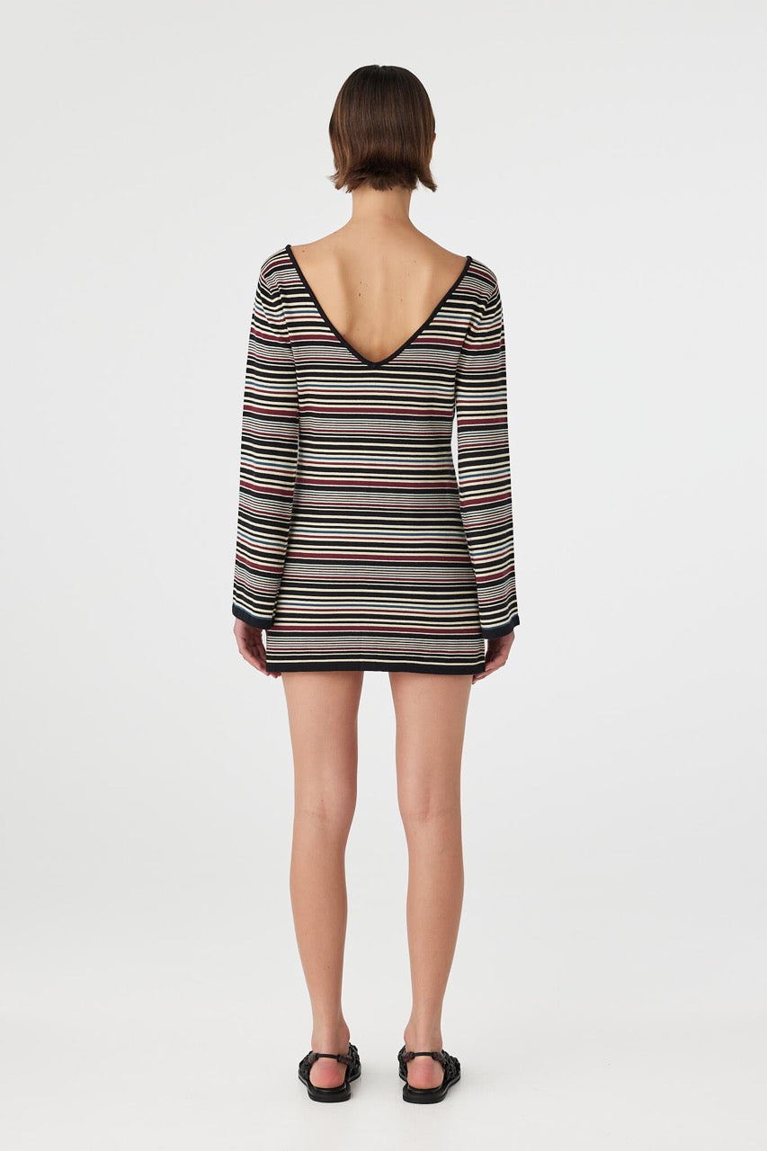 Back view of Alya long sleeve mini dress in merlot stripe showing low back neckline detail