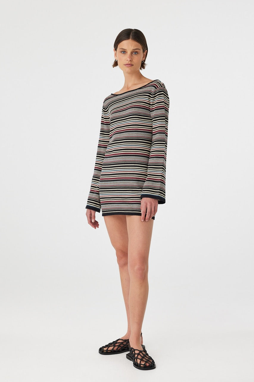 Angled front view of Alya long sleeve mini dress in merlot stripe showing fit through the body and sleeves