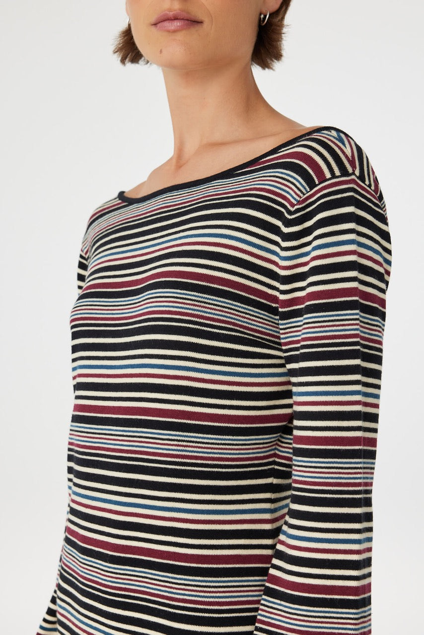 Close-up of Alya long sleeve mini dress in merlot stripe showing horizontal stripe pattern and boat neckline