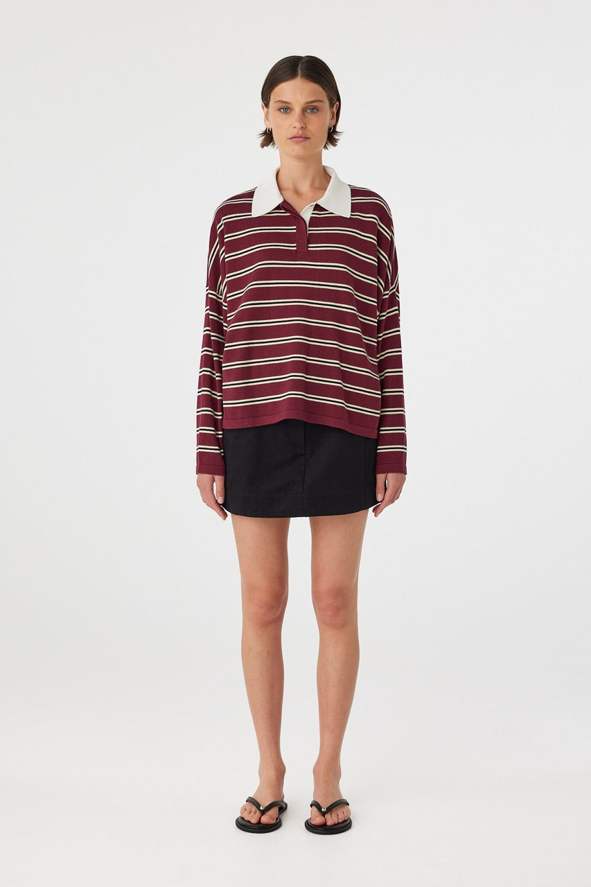 Full body front view of Rayne Knit Jersey merlot stripe, oversized organic cotton striped polo knit with ribbed cuffs.