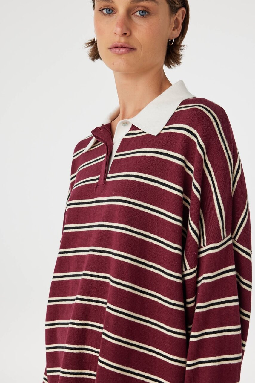 Close detail of Rayne Knit Jersey merlot stripe, contrast collar and stripe placement at neckline.