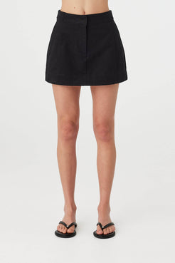 Eames Mini Skirt black, front view showing clean mini shape and waistband closure placement.