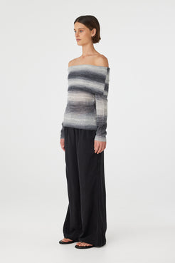 Nikki off the shoulder top in grey ombre knit shown in side profile, highlighting the double layer foldover neckline and slim long sleeves
