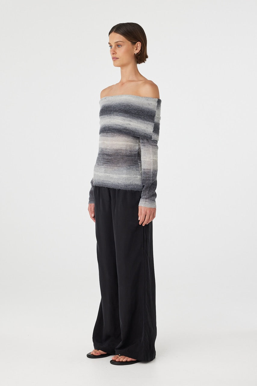 Nikki off the shoulder top in grey ombre knit shown in side profile, highlighting the double layer fold over neckline and slim long sleeves