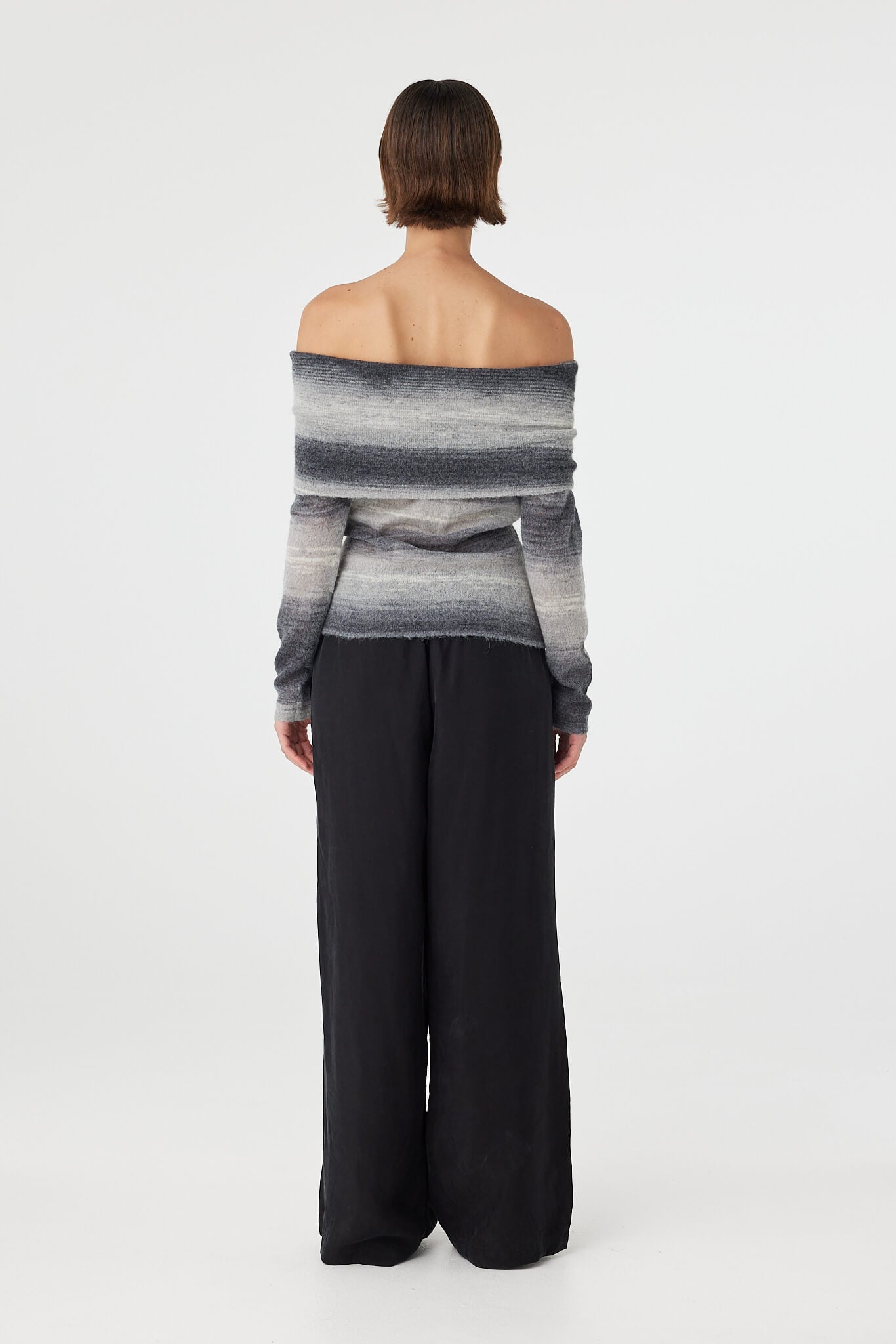 Nikki off the shoulder top in grey and cream ombre viewed from back, featuring a clean off shoulder neckline and softly fitted shape through the body