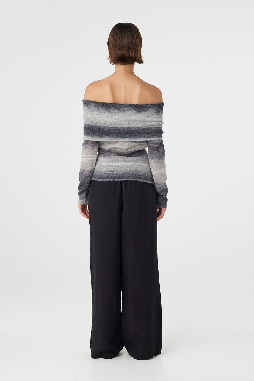 Nikki off the shoulder top in grey and cream ombre viewed from back, featuring a clean off shoulder neckline and softly fitted shape through the body