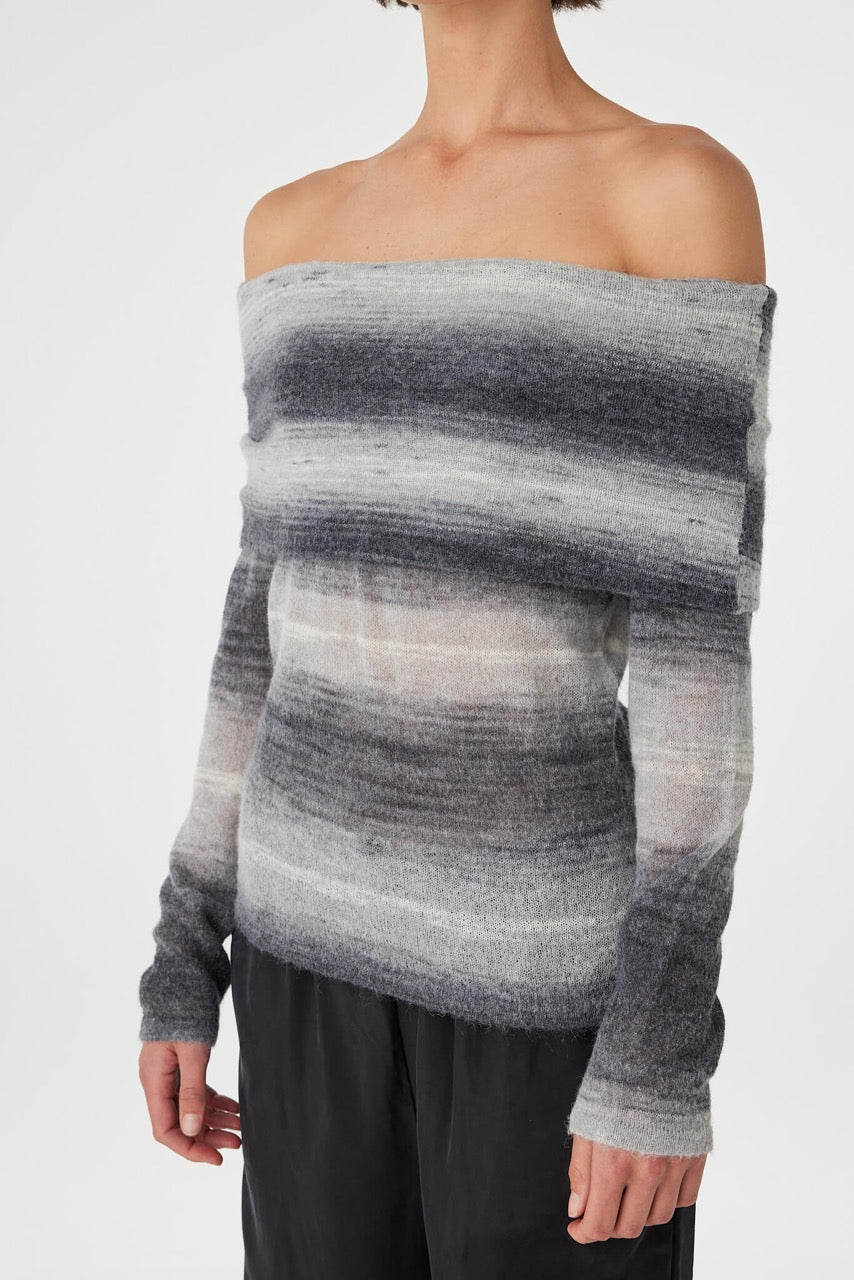 Nikki off the shoulder top in grey ombre knit close-up, featuring a soft fuzzy finish, sheer layering and horizontal colour gradient
