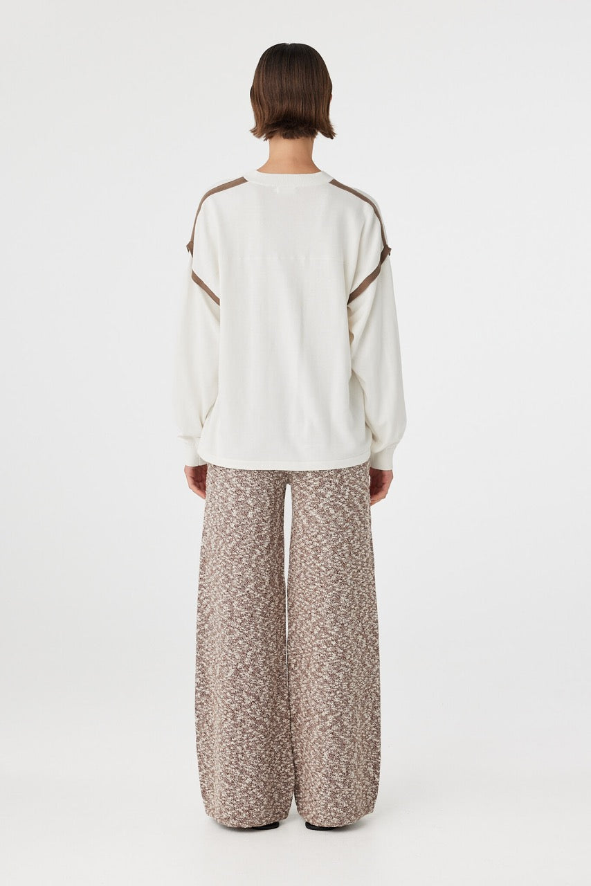 Emmet Pant chocolate & cream back view highlighting clean waistband finish and full-length straight leg shape styled with cream top