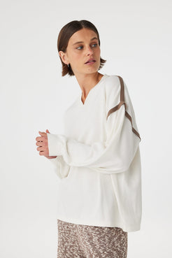 Eden long sleeve tee in cream and espresso angled portrait, highlighting neckline detail and soft drape