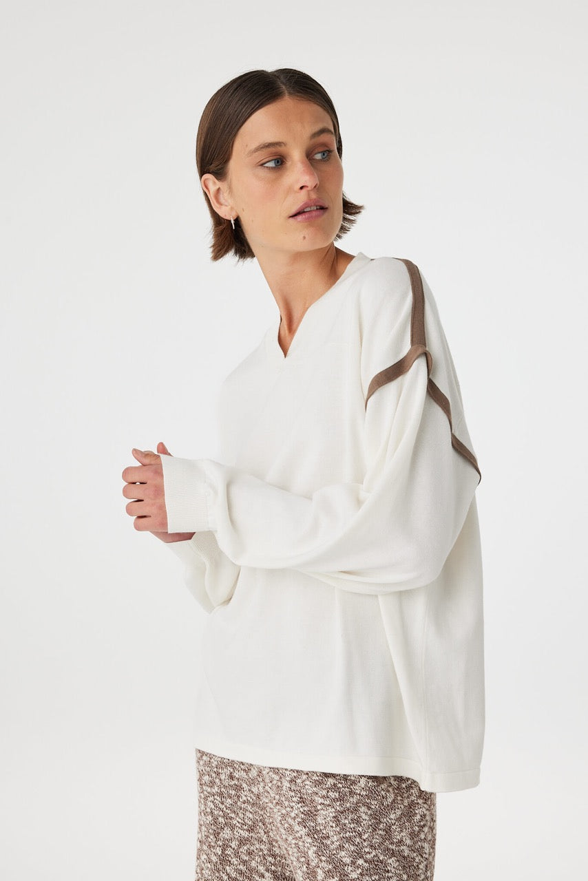 Eden long sleeve tee in cream and espresso angled portrait, highlighting neckline detail and soft drape