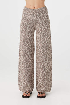 Emmet Pant chocolate & cream front close-up of waistband and upper leg showing ribbed detail and textured knit finish with sandals