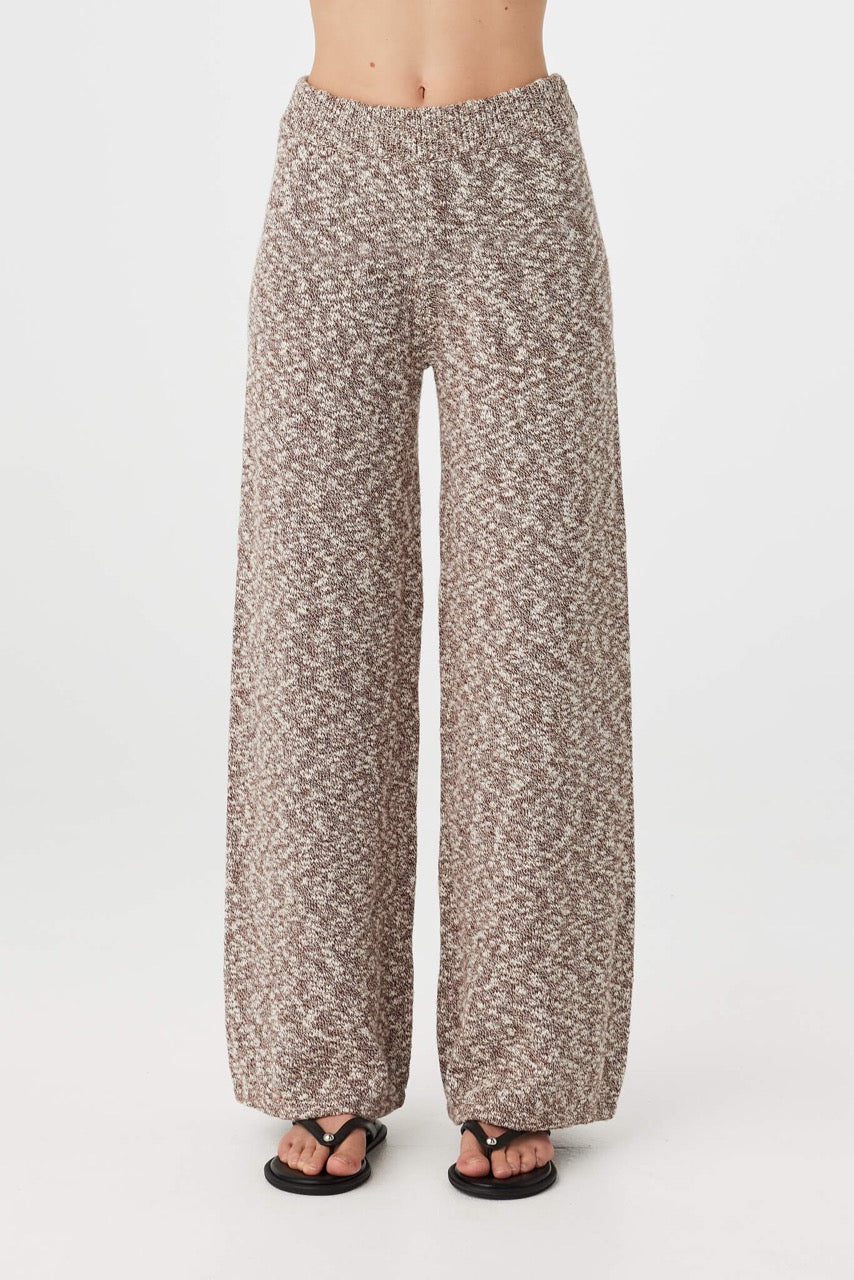 Emmet Pant chocolate & cream front view straight leg knit pants with high-rise ribbed waistband styled with cream long sleeve top and black sandals