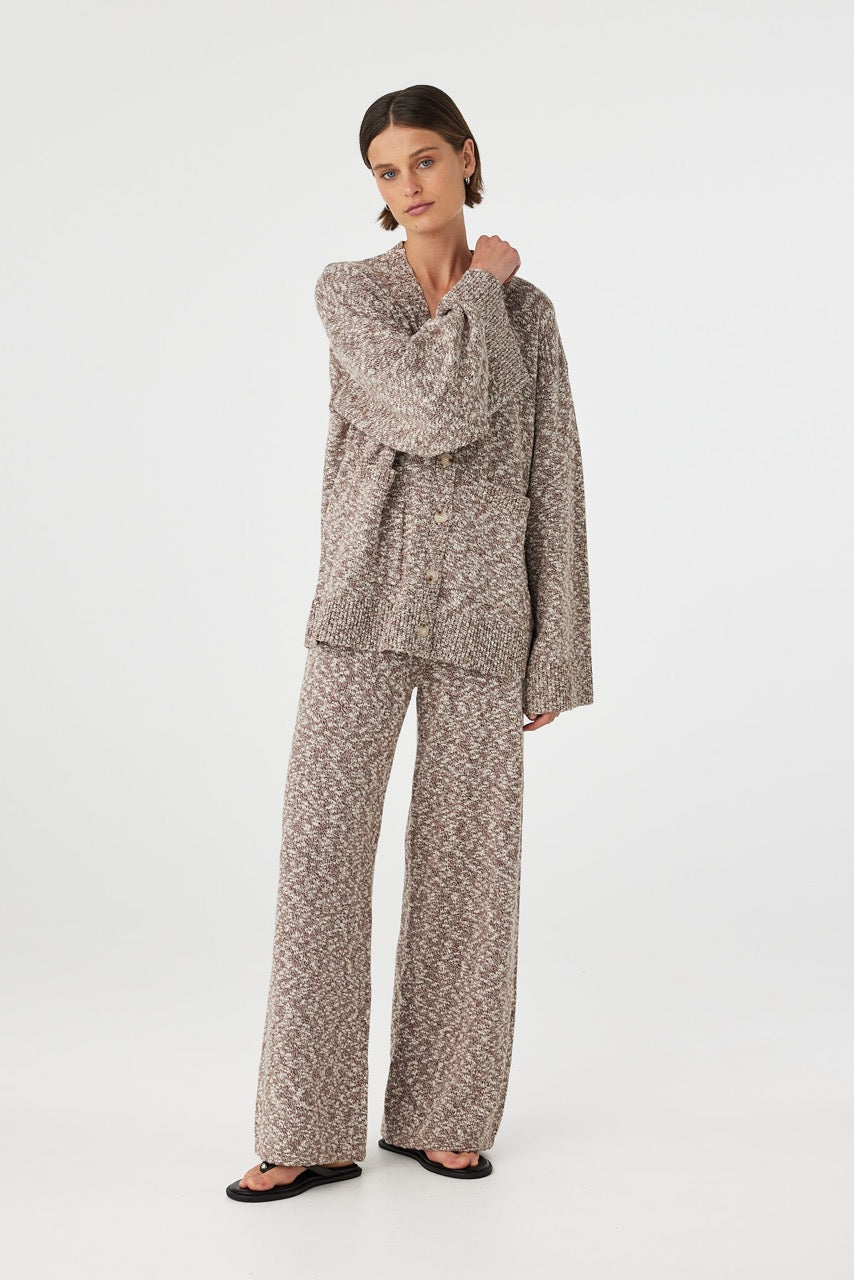 Emmet Pant chocolate & cream angled full outfit showing coordinated knit set with button cardigan and straight leg pants styled casually