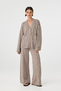 Emmet Pant chocolate & cream full look styled with matching marled knit cardigan relaxed fit two-piece set with sandals